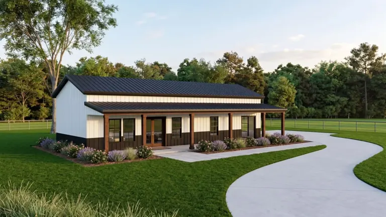 Ridgeline A compact one-bedroom getaway with an open living room, kitchen, and bath, wrapped in long covered porches. by Metal America